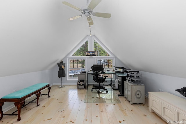 689 Red Deer Rd, Franktown, CO 80116 - office with light wood-type flooring, vaulted ceiling, and ceiling fan