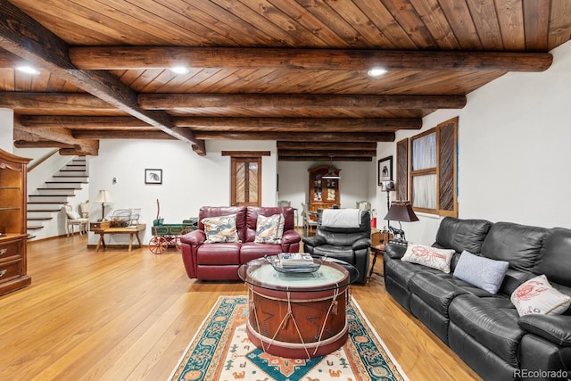 689 Red Deer Rd, Franktown, CO 80116 - living room featuring light wood-type flooring, stairs, wood ceiling with exposed beams, and recessed lighting