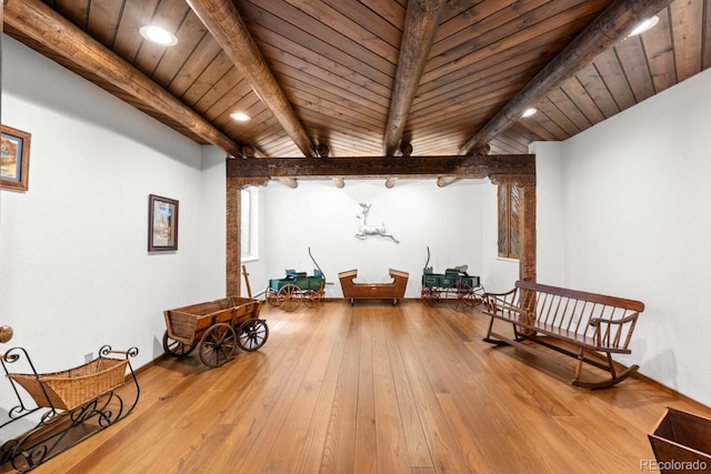 689 Red Deer Rd, Franktown, CO 80116 - living area featuring hardwood / wood-style floors, wooden ceiling with exposed beams, and recessed lighting