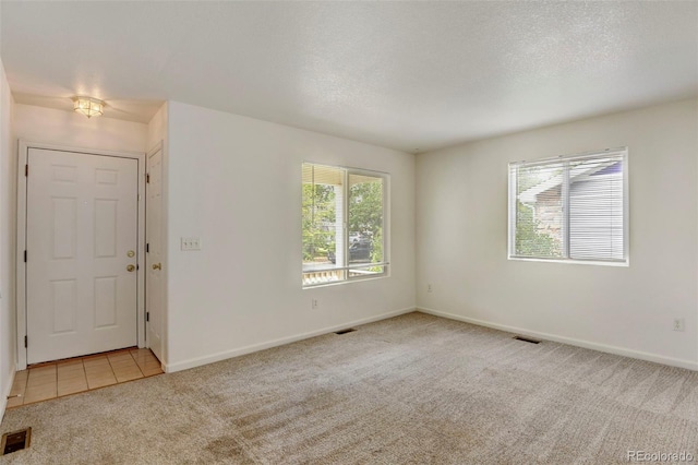 empty room featuring light colored carpet and a textured ceiling