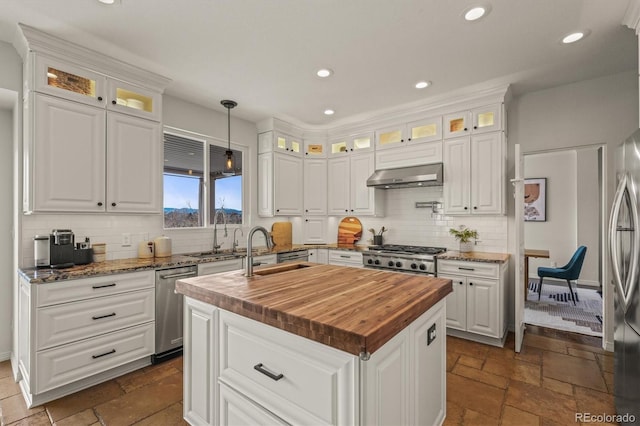 854 Countrybriar Ln, Highlands Ranch, CO 80129 - kitchen featuring butcher block counters, an island with sink, stainless steel appliances, ventilation hood, and decorative backsplash
