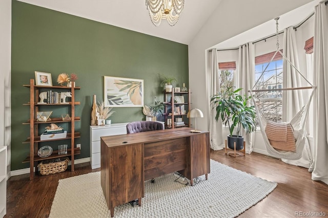 854 Countrybriar Ln, Highlands Ranch, CO 80129 - office space with vaulted ceiling, a chandelier, and dark wood-style flooring