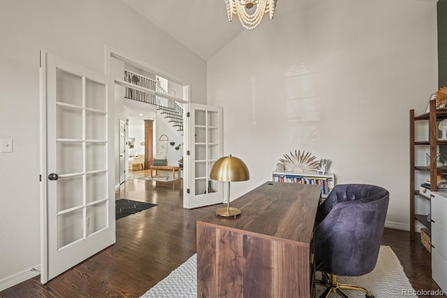854 Countrybriar Ln, Highlands Ranch, CO 80129 - office area with french doors, wood finished floors, high vaulted ceiling, and a chandelier