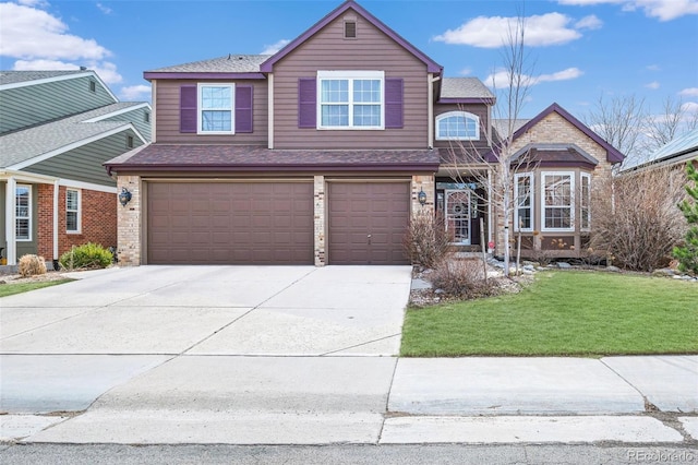 854 Countrybriar Ln, Highlands Ranch, CO 80129 - traditional-style home with a garage, a front yard, driveway, a shingled roof, and brick siding