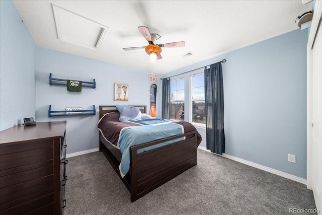 2730 River View Dr, Broomfield, CO 80023 - bedroom featuring attic access, carpet flooring, baseboards, and ceiling fan