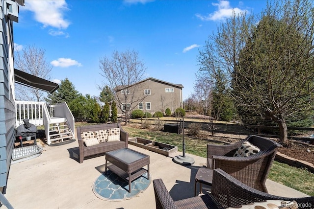 2730 River View Dr, Broomfield, CO 80023 - view of patio / terrace featuring a wooden deck, an outdoor living space, and stairs