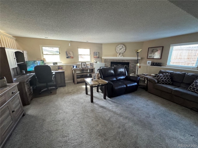 living room featuring a brick fireplace, light carpet, and a textured ceiling