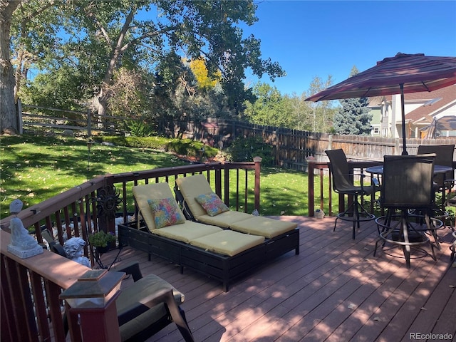 deck with a fenced backyard, a lawn, and an outdoor hangout area