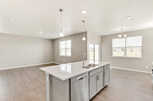 kitchen featuring dishwasher, pendant lighting, a center island with sink, and sink