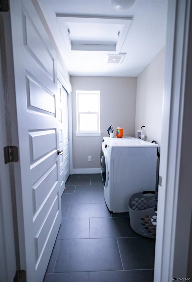 laundry room featuring dark tile patterned flooring and washer / clothes dryer