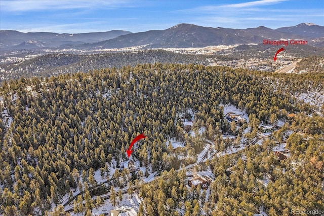 drone / aerial view featuring a mountain view