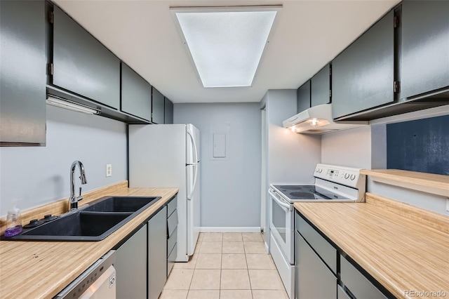 kitchen with white range with electric cooktop, light tile patterned flooring, and sink