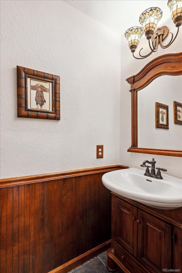 19113 W 60th Ln, Golden, CO 80403 - bathroom featuring vanity, wooden walls, and a wainscoted wall