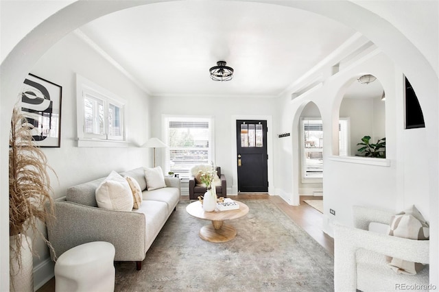 living area with baseboards, ornamental molding, and wood finished floors