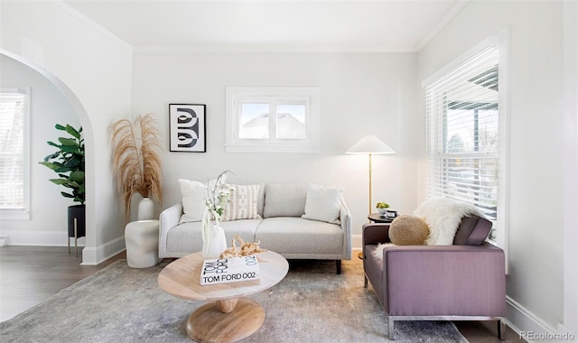 living room featuring baseboards, arched walkways, wood finished floors, and ornamental molding
