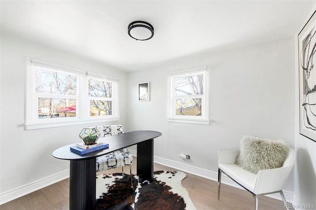 office space with baseboards and wood finished floors