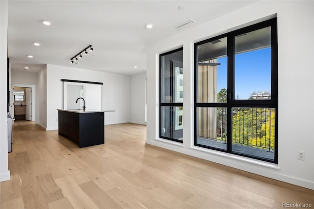 kitchen featuring an island with sink, light wood-type flooring, and plenty of natural light