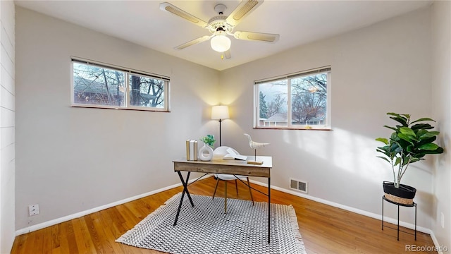 office featuring hardwood / wood-style flooring and ceiling fan