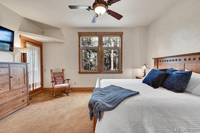 15947 Huckleberry Hts, Colorado Springs, CO 80908 - bedroom with carpet floors, baseboards, and ceiling fan