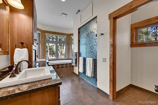 15947 Huckleberry Hts, Colorado Springs, CO 80908 - bathroom featuring baseboards, visible vents, a bath, and vanity