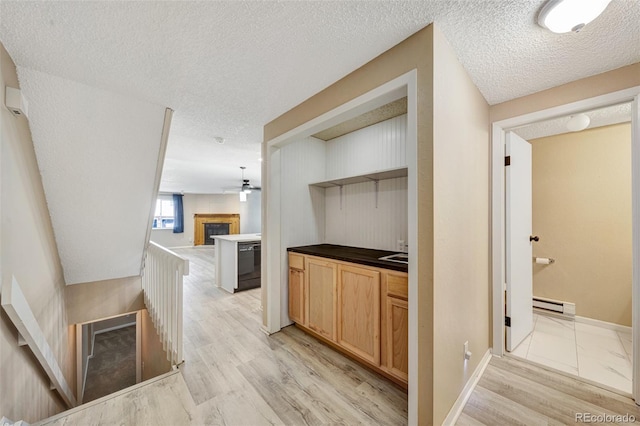 435 Dahlia St, Fort Morgan, CO 80701 - bar area with a textured ceiling, light wood-type flooring, a fireplace, a baseboard radiator, and dishwasher