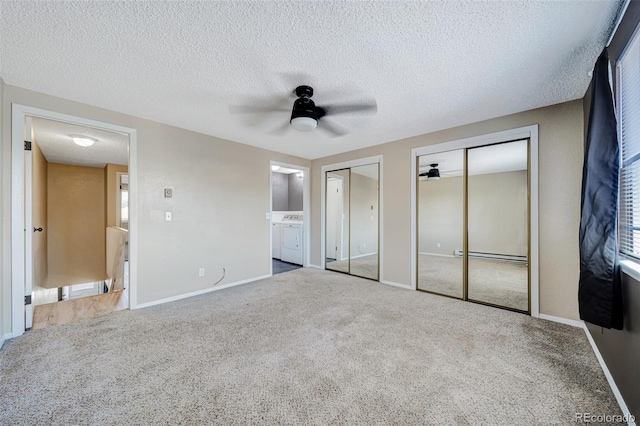 435 Dahlia St, Fort Morgan, CO 80701 - unfurnished bedroom with washing machine and clothes dryer, multiple closets, carpet, a textured ceiling, and ensuite bathroom