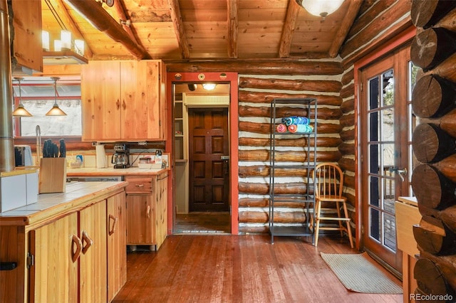 kitchen featuring wooden ceiling, tile countertops, vaulted ceiling with beams, and dark hardwood / wood-style flooring