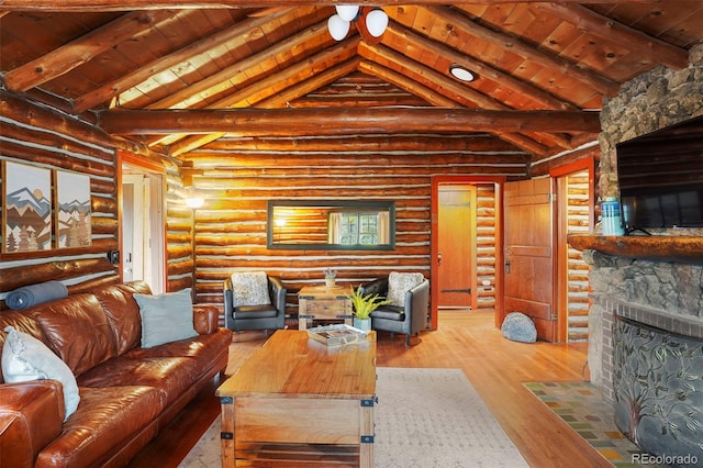 living room with light hardwood / wood-style floors, a stone fireplace, wood ceiling, log walls, and vaulted ceiling with beams