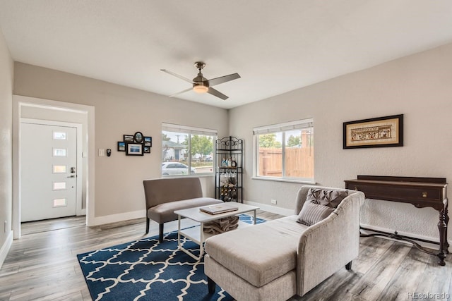 living room with hardwood / wood-style flooring and ceiling fan