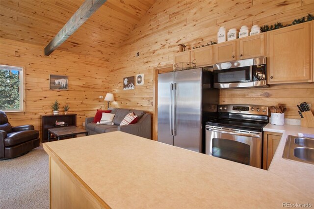 526 Wakanda Trl, Woodland Park, CO 80863 - kitchen with stainless steel appliances, light brown cabinetry, open floor plan, and wood walls