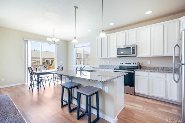 kitchen featuring a sink, a chandelier, light wood finished floors, white cabinetry, and stainless steel appliances