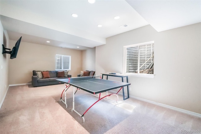 playroom with baseboards, carpet, visible vents, and recessed lighting