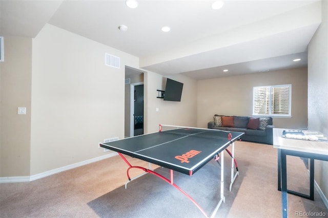 rec room featuring visible vents, baseboards, carpet, and recessed lighting