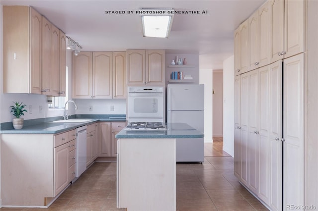 kitchen featuring sink, light brown cabinets, white appliances, tile patterned floors, and a kitchen island