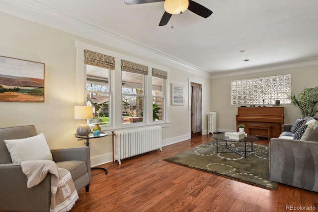 916 Adams St, Denver, CO 80206 - living area featuring radiator, ornamental molding, ceiling fan, baseboards, and wood finished floors