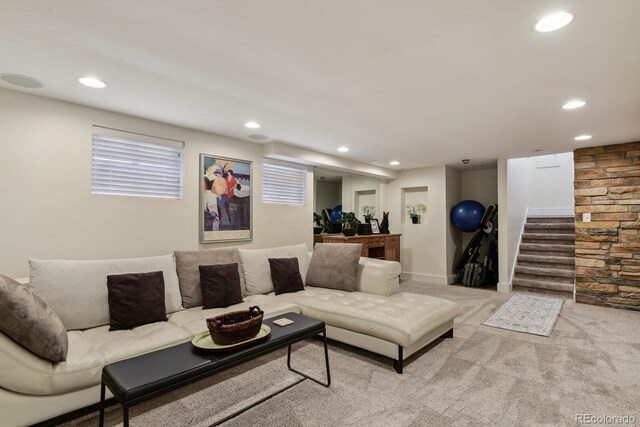 916 Adams St, Denver, CO 80206 - living area with recessed lighting, stairs, carpet, and baseboards