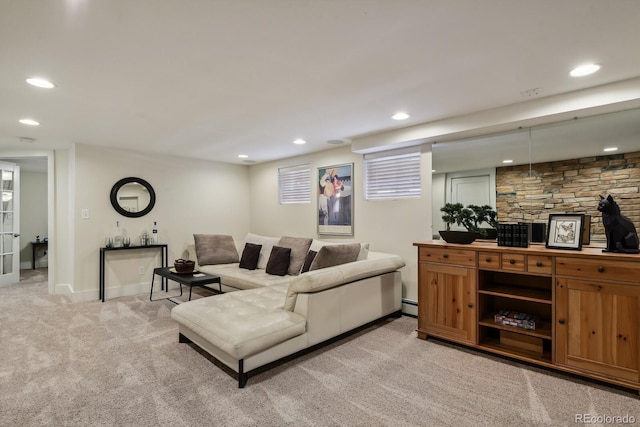 916 Adams St, Denver, CO 80206 - living room featuring light carpet, baseboard heating, recessed lighting, and baseboards