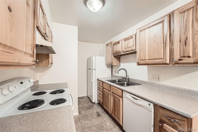 16259 W 10th Ave Unit K1, Golden, CO 80401 - kitchen with white appliances, under cabinet range hood, light countertops, and a textured ceiling
