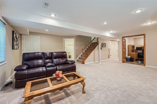 2417 S Racine Way, Aurora, CO 80014 - carpeted living area featuring stairway and recessed lighting