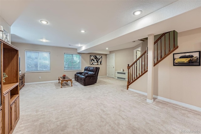 2417 S Racine Way, Aurora, CO 80014 - living area with light carpet, stairway, and recessed lighting