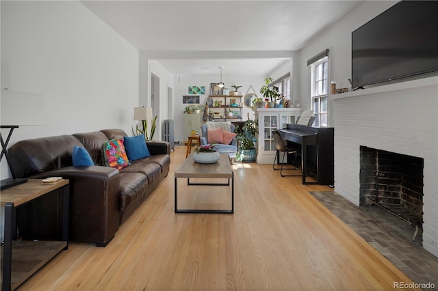 living room featuring a fireplace and light wood-type flooring