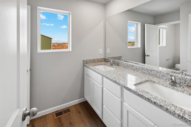 bathroom featuring hardwood / wood-style flooring, vanity, and toilet