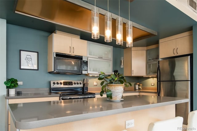 675 S University Blvd Unit 106, Denver, CO 80209 - kitchen with appliances with stainless steel finishes, stainless steel counters, glass insert cabinets, pendant lighting, and a kitchen bar