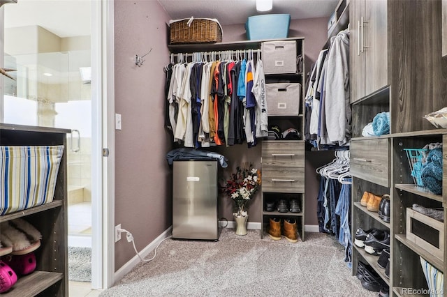 walk in closet featuring light carpet