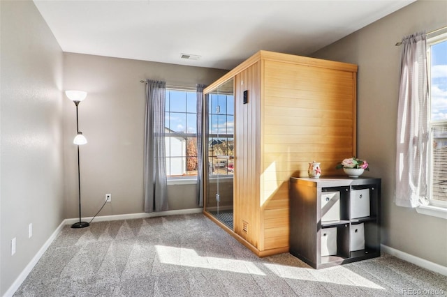 doorway featuring baseboards, carpet, visible vents, and a healthy amount of sunlight