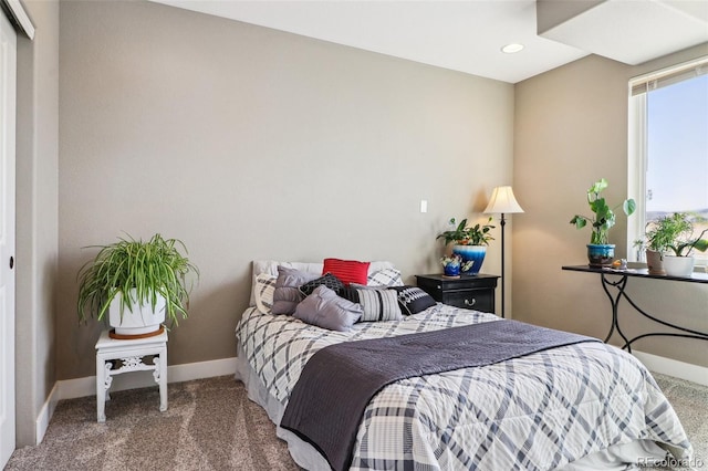 carpeted bedroom with baseboards and recessed lighting