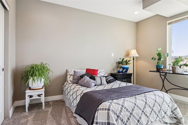 bedroom with baseboards, carpet flooring, and recessed lighting