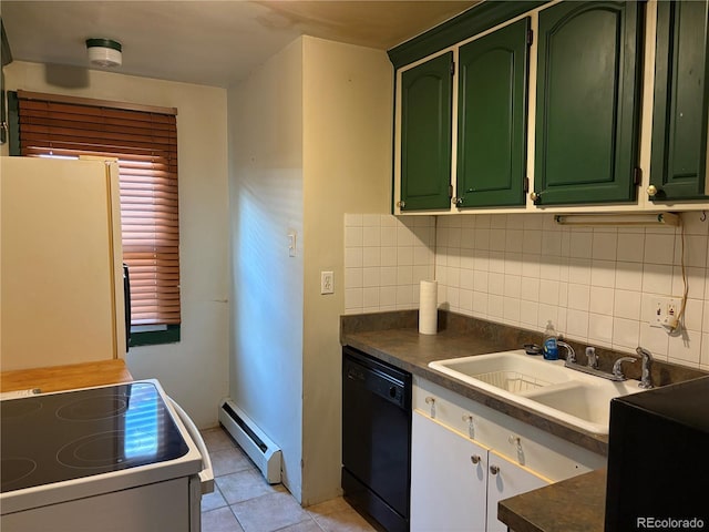 1337 Valentia St, Denver, CO 80220 - kitchen with green cabinets, a baseboard radiator, white appliances, tasteful backsplash, and dark countertops