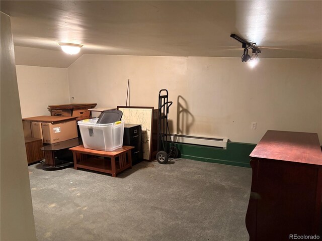 1337 Valentia St, Denver, CO 80220 - below grade area featuring carpet flooring and a baseboard heating unit