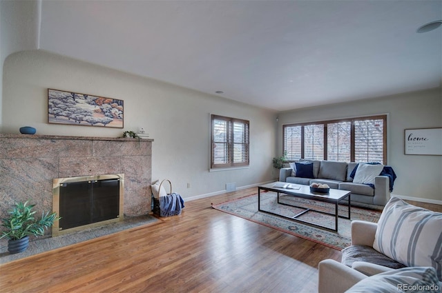 living room with a fireplace, hardwood / wood-style floors, and a wealth of natural light